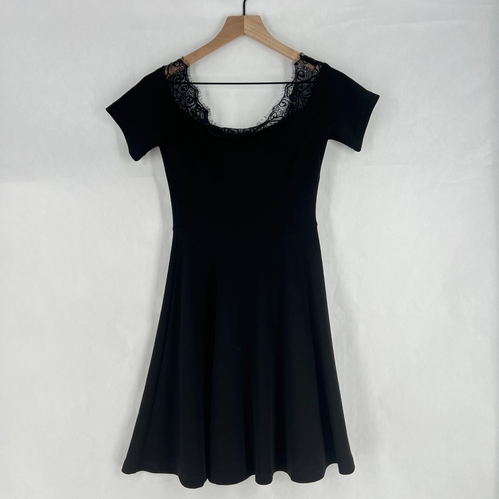 New Look Fit & Flare Mini Dress Womens 8 Black Lace Trim Neck Romantic Formal